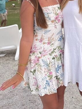 White Floral Eyelet Sundress with Pink & Blue Blooms